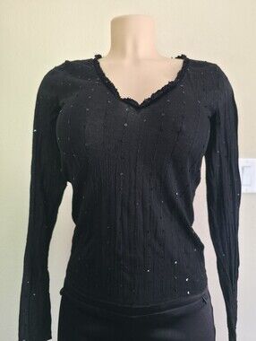 Sequin Womens V-neck Black Top